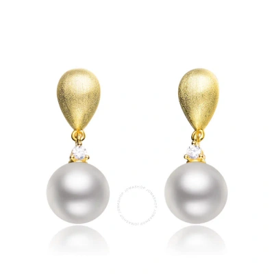 Megan Walford Cubic Zirconia Sterling Silver Brushed Gold Plated Pearl Drop Earrings In Gold-tone