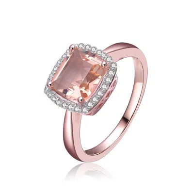 Megan Walford Elegant Rose Over Sterling Silver Cushion Morganite Peach Cubic Zirconia Halo Ring In Rose Gold-tone