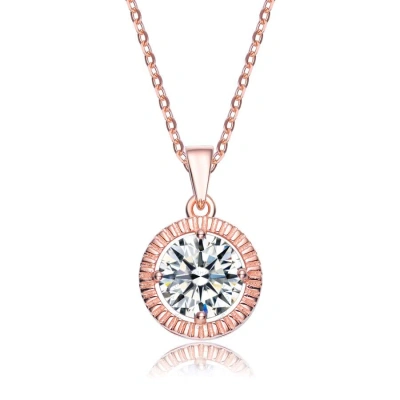 Megan Walford Elegant Rose Over Sterling Silver Round Clear Cubic Zirconia Solitaire Pendant Necklac In Rose Gold-tone