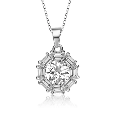 Megan Walford Elegant Sterling Silver Baguette Clear Cubic Zirconia Solitaire Pendant Necklace In White