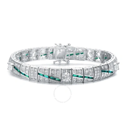 Megan Walford Elegant Sterling Silver Baguette Emerald And Round Clear Cubic Zirconia Tennis Bracele In Two-tone