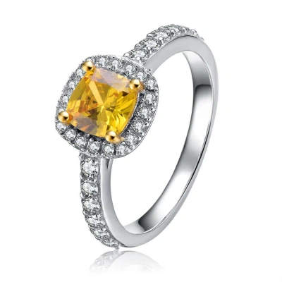 Megan Walford Elegant Sterling Silver Cushion Yellow Cubic Zirconia Side Stone Ring In Two-tone