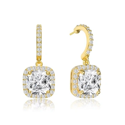 Megan Walford Gold Over Sterling Silver Cushion And Round Cubic Zirconia Halo Drop Earrings In Gold-tone