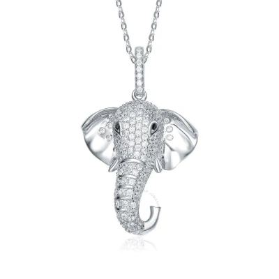 Megan Walford Rhodium-plated With Cubic Zirconia Iced Out Lucky Elephant Head Pendant Necklace In St In Metallic