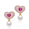 MEGAN WALFORD MEGAN WALFORD STERLING SILVER 14K GOLD PLATED RUBY CUBIC ZIRCONIA AND PEARL HEART DROP BUTTERFLY EAR