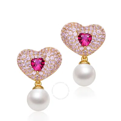 Megan Walford Sterling Silver 14k Gold Plated Ruby Cubic Zirconia And Pearl Heart Drop Butterfly Ear