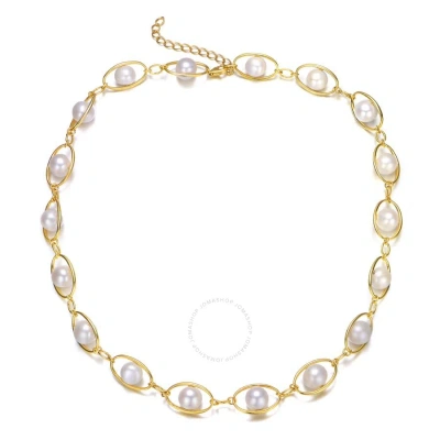 Megan Walford Sterling Silver 14k Yellow Gold Plated Freshwater Pearl And Cubic Zirconia Link Oval S In Gold-tone