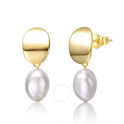 Megan Walford Sterling Silver 14k Yellow Gold Plated Oval White Pearl Drop Medallion Dangle Earrings In Gold-tone