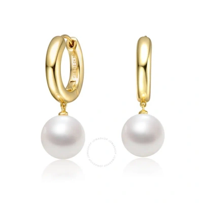 Megan Walford Sterling Silver 14k Yellow Gold Plated White Pearl Drop Huggie Hoop Earrings