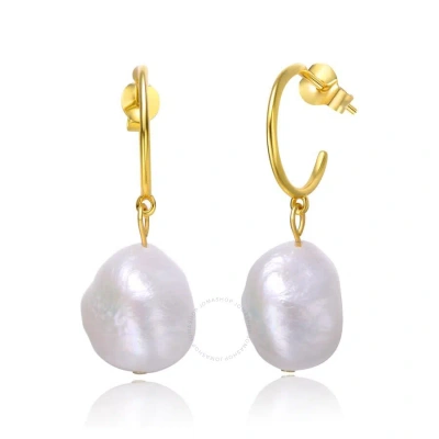 Megan Walford Sterling Silver 14k Yellow Gold Plated With Baroque Oval White Pearl Dangle Drop C-hoo In Gold-tone