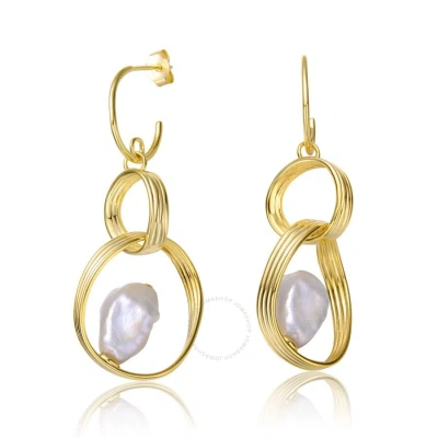 Megan Walford Sterling Silver 14k Yellow Gold Plated With Baroque White Pearl Double Drop Half-hoop  In Gold-tone