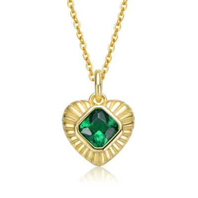 Megan Walford Sterling Silver 14k Yellow Gold Plated With Emerald Cubic Zirconia Sunray Heart Pendan In Green