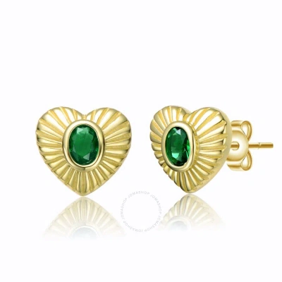 Megan Walford Sterling Silver 14k Yellow Gold Plated With Emerald Cubic Zirconia Sunray Heart Stud E In Green