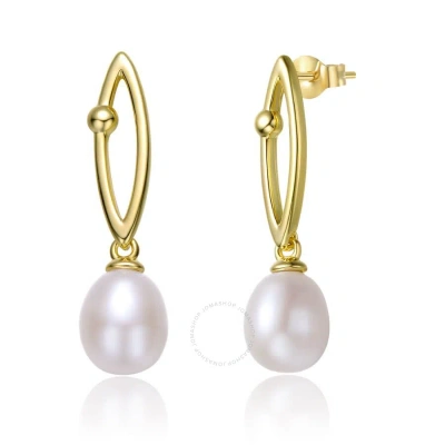 Megan Walford Sterling Silver 14k Yellow Gold Plated With Pearl & Cubic Zirconia Oblong Marquise Dro In Gold-tone