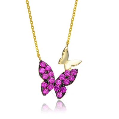Megan Walford Sterling Silver 14k Yellow Gold Plated With Ruby Cubic Zirconia Double Butterfly Layer In Pink