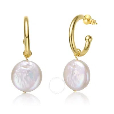 Megan Walford Sterling Silver 14k Yellow Gold Plated With White Coin Pearl Drop C-hoop Earrings In Gold-tone