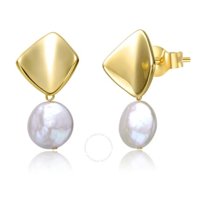 Megan Walford Sterling Silver 14k Yellow Gold Plated With White Coin Pearl Drop Double Dangle Geomet In Gold-tone