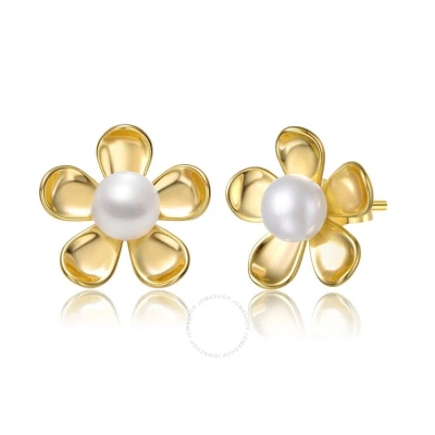 Megan Walford Sterling Silver 14k Yellow Gold Plated With White Pearl Blooming Daisy Flower Stud Ear In Gold-tone