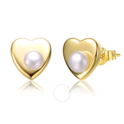 Megan Walford Sterling Silver 14k Yellow Gold Plated With White Pearl Heart Stud Earrings In Gold-tone
