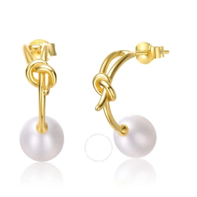 Megan Walford Sterling Silver 14k Yellow Gold Plated With White Pearl Love Knot Half-hoop Earrings In Gold-tone