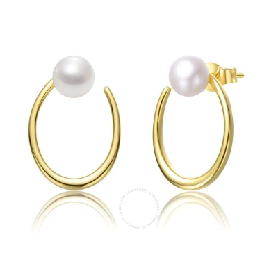 Megan Walford Sterling Silver 14k Yellow Gold Plated With White Pearl Oblong Oval Halo Hoop Dangle E In Gold-tone