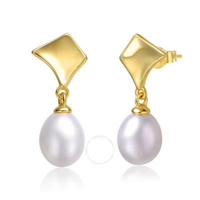 Megan Walford Sterling Silver 14k Yellow Gold With White Pearl Drop Geometric Shield Retro Dangle Ea In Gold-tone