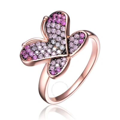 Megan Walford Sterling Silver 18k Rose Plated Cubic Zirconia Butterfly Floral Ring In Pink