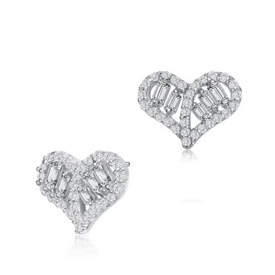 Megan Walford Sterling Silver Baguette And Round Cubic Zirconia Heart Stud Earrings In White