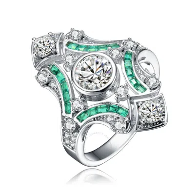 Megan Walford Sterling Silver Baguette And Round Cubic Zirconia Modern Ring In Green