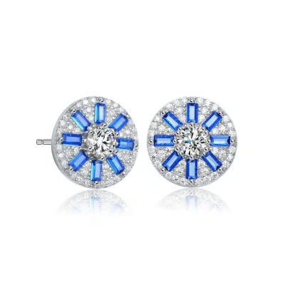 Megan Walford Sterling Silver Blue Baguette And Round Cubic Zirconia Stud Earrings