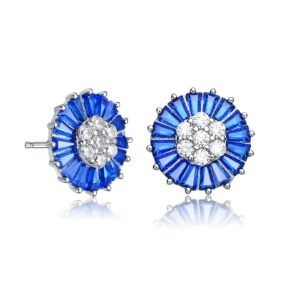 Megan Walford Sterling Silver Blue Baguette And Round Cubic Zirconia Stud Earrings