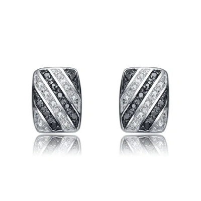 Megan Walford Sterling Silver Clear And Black Round Cubic Zirconia Stripe Rectangular Earrings