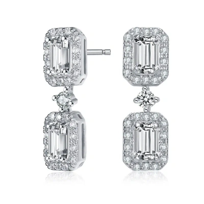 Megan Walford Sterling Silver Emerald And Round Cubic Zirconia Rectangular Halo Drop Earrings In White