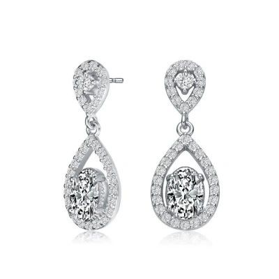Megan Walford Sterling Silver Oval And Round Cubic Zirconia Halo Two Pear Drop Earrings In White