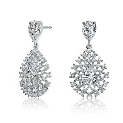 Megan Walford Sterling Silver Pear And Round Cubic Zirconia Lace Cluster Drop Earrings In White