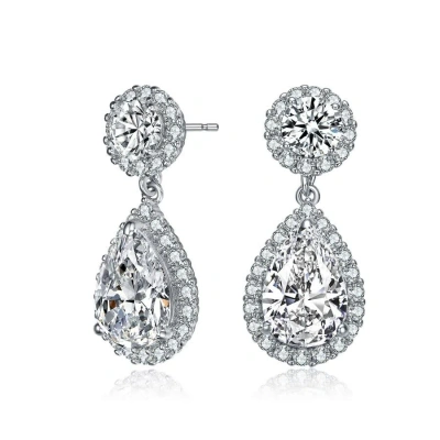 Megan Walford Sterling Silver Pear And Round Cubic Zirconia With Halo Drop Earrings In White