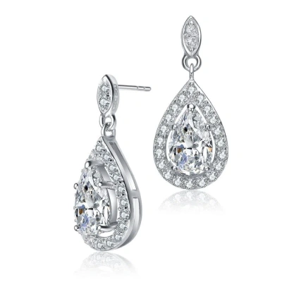 Megan Walford Sterling Silver Pear With Round Cubic Zirconia Halo Drop Earrings In Metallic