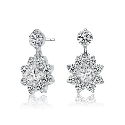 Megan Walford Sterling Silver Princess With Round Cubic Zirconia Halo Drop Earrings In White