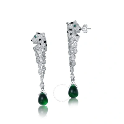 Megan Walford Sterling Silver Rhodium Plated With Emerald And Clear Cubic Zirconia Fauna Drop Earrin In Green