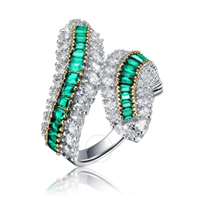 Megan Walford Sterling Silver Rhodium Plated With Emerald Cubic Zirconia Bypass Ring In Green