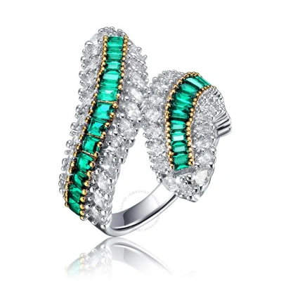 Megan Walford Sterling Silver Rhodium Plated With Emerald Cubic Zirconia Bypass Ring In Metallic