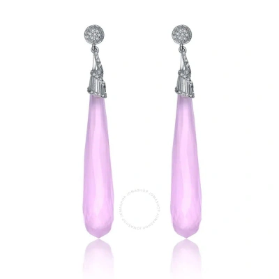 Megan Walford Sterling Silver Rose Quartz With Round Cubic Zirconia Elongated Dangle Earrings In Two-tone