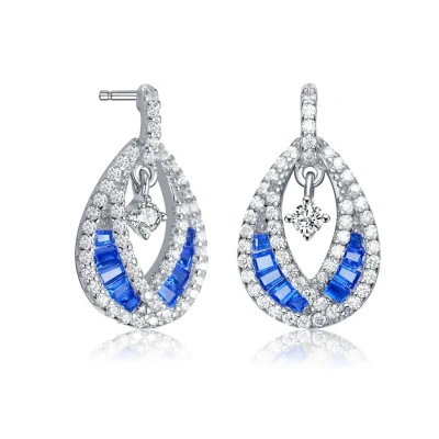 Megan Walford Sterling Silver Round And Baguette Cubic Zirconia Pear Drop Earrings In Blue