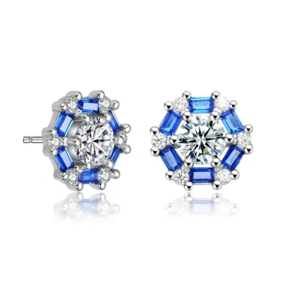 Megan Walford Sterling Silver Round And Baguette Cubic Zirconia Stud Earrings In Blue