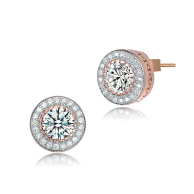 Megan Walford Sterling Silver Round And Baguette Cubic Zirconia Stud Earrings In Rose Gold-tone