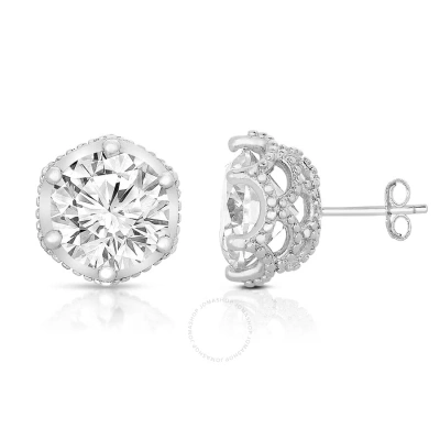Megan Walford Sterling Silver Round Clear Cubic Zirconia Solitaire Stud Earrings In White