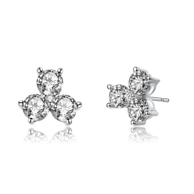 Megan Walford Sterling Silver Round Cubic Zirconia Clover Stud Earrings In White