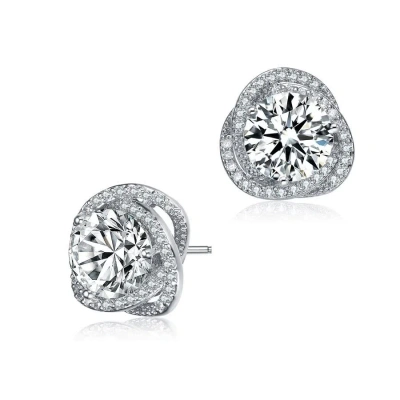 Megan Walford Sterling Silver Round Cubic Zirconia Swirl Halo Stud Earrings In White