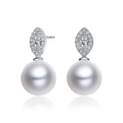 Megan Walford Sterling Silver Round Pearl And Marquise Cubic Zirconia Drop Earrings In White