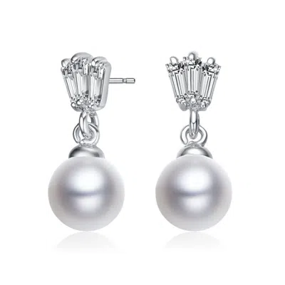 Megan Walford Sterling Silver Round Pearl With Baguette Cubic Zirconia Drop Earrings In White